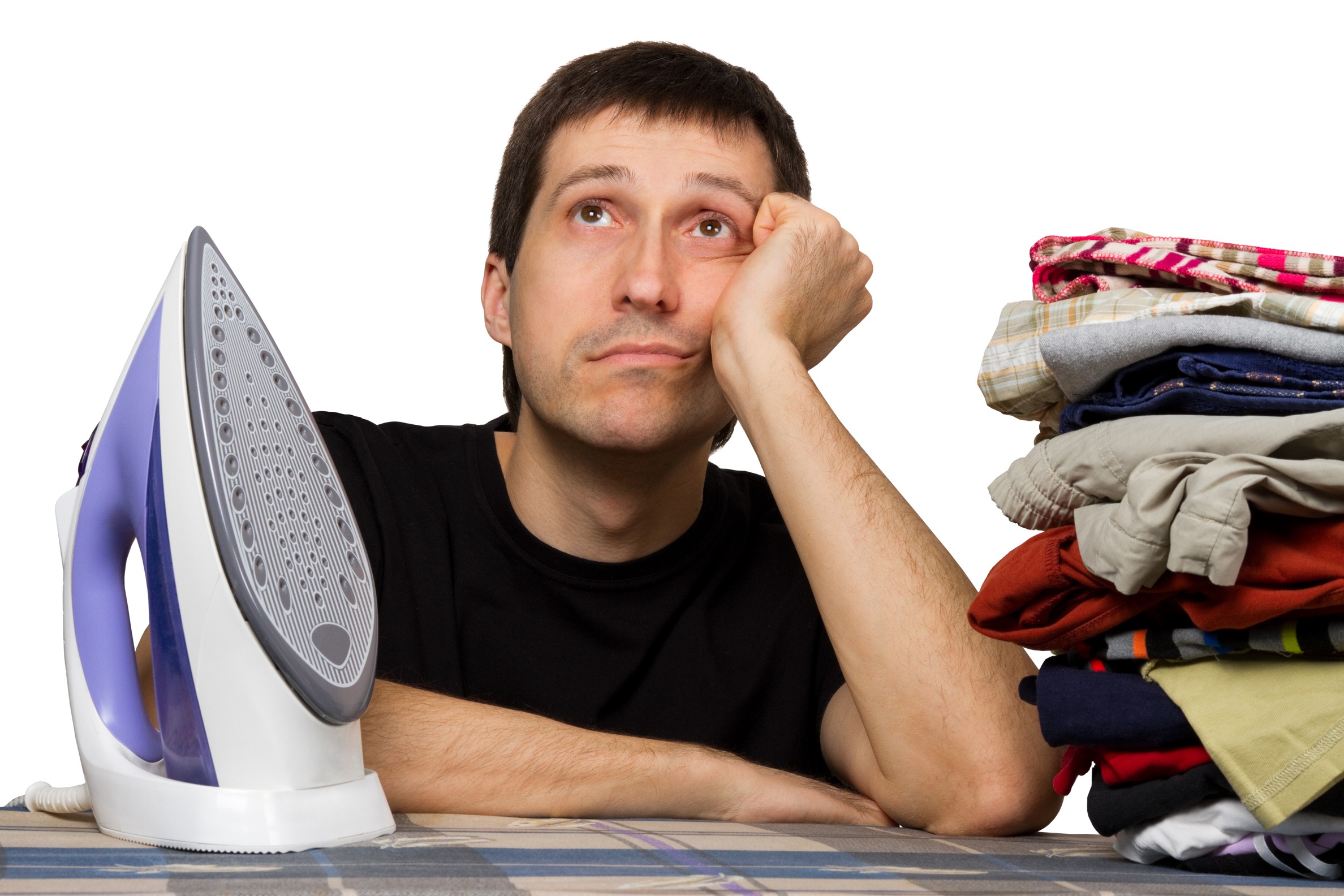 sad man, ironing board, wash clothing and iron, isolated