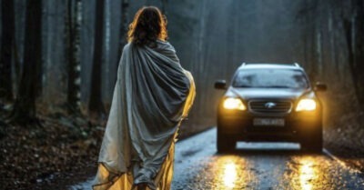 – Помоги-и-ите! – в отчаянии закричала Маша, выскочив на дорогу из леса закутавшись в одну простыню